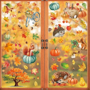 Détails des stickers de Thanksgiving avec feuilles d'automne et animaux sur portes vitrées