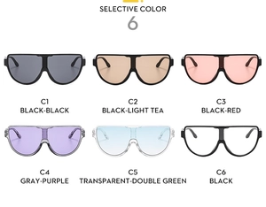 Detailed catalog showing oversized shield sunglasses in six various lens color options