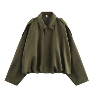 Women's dark green cropped bomber jacket with shoulder buttons and classic lapel collar
