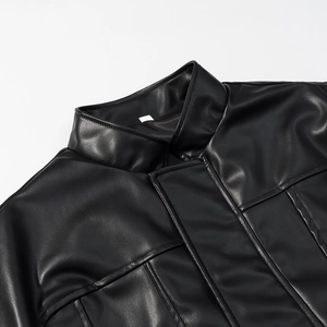 Slim fit black faux leather jacket with stand collar and detailed stitching for women