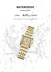 Close-up of golden square quartz watch with 30M water resistance and splashing water