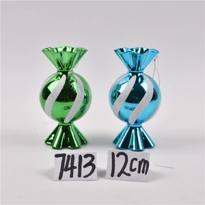 Detail view of 12cm green and blue electroplated candy-shaped Christmas tree ornaments