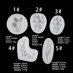 Detailed view of 5 tulip and lily flower silicone molds with size and weight specs