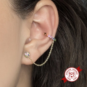 925 silver needle drop earrings with gold chain and colorful zircon stones on model