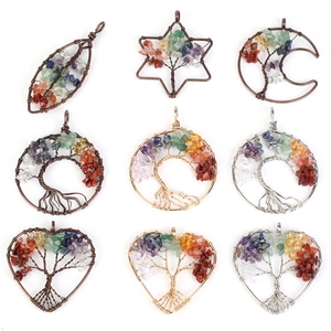 Tree of Life crystal pendants in various shapes with natural chakra stones and wire wrapping