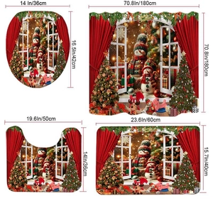 Detailed size dimensions of Christmas shower curtain and bath mat 4-piece set decor