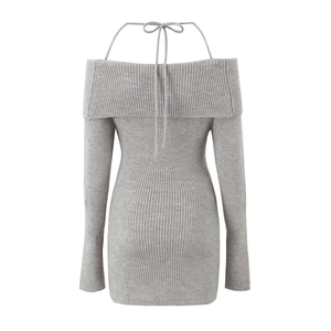 Detail of grey ribbed knit mini dress featuring off-shoulder halter neckline and long sleeves