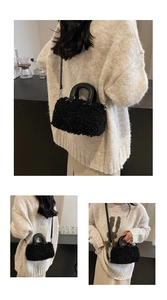 Three-way view of a black plush Boston bag worn crossbody and handheld by a model
