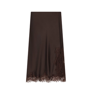 Eleganter dunkelbrauner Seiden-Midirock mit feiner Spitze am Saum und glattem Satin-Finish