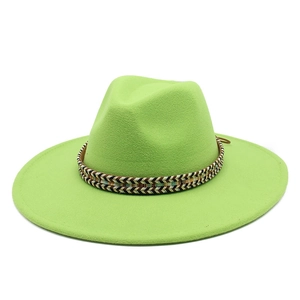 Detail view of neon green wool fedora hat with a flat brim and bohemian braided band
