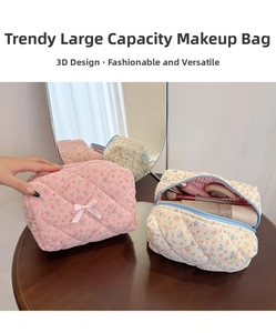 Detailed corduroy quilted makeup bags showing striped floral texture and spacious interior