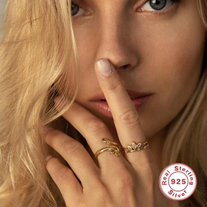 Detail of 925 sterling silver snake ring and crown ring with zirconia on hand
