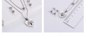 Detailed size measurement of a stainless steel heart life tree pendant necklace and earrings