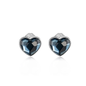 S925 Sterling Silver heart stud earrings with blue Austrian crystal on white background