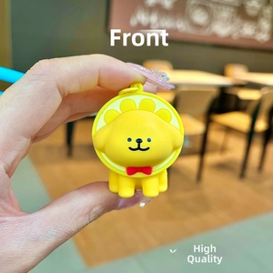 Cartoon dog keychain in sunflower headgear measuring 4x4.2x5cm with red bowtie