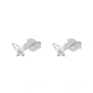 Detailed macro view of S925 silver butterfly earrings with sparkling cubic zirconia stones