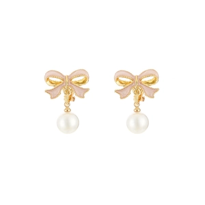 Elegant pink bow earrings with pearl drop pendants and gold-plated alloy finish