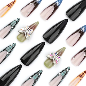 French style press-on nails set with black finish and 3D butterfly rhinestone designs