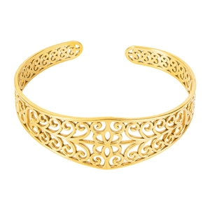 Polished 18k gold hollow swirl patterned stainless steel cuff bracelet on white background