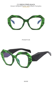 Detail of green tiger pattern geometric frames with wide black temples and angular cut