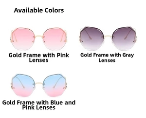 Three pairs of rimless polygon sunglasses with gradient lenses and slim gold frames