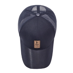 Navy blue breathable mesh baseball cap with brown leather outdoor patch on front