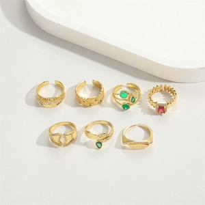 7pcs minimalist gold open rings set with colorful gemstones and snake design