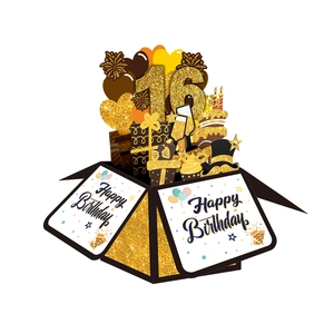 3D pop-up card for 16th birthday featuring gold glitter 16 and black party elements