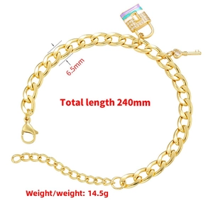 Detailed 6.5mm gold Cuban link bracelet with zirconia lock and key charms, 240mm length