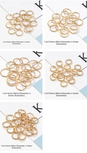 Detailed chart showing light gold jump rings in various wire diameters and sizes for DIY jewelry