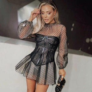 French Vintage Polka Dot Mesh Hollow Out Mini Dress With Corset For Women Elegant Long Sleeve Top And Bottom
