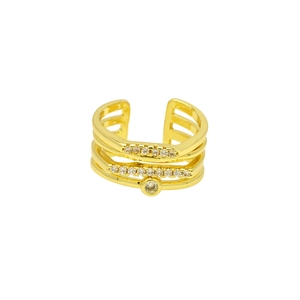 Detailed view of gold multi-layer ring with sparkling zircon stones and open design