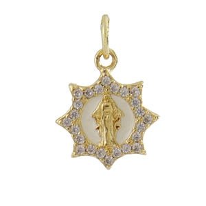 Detail showing Virgin Mary relief pendant with gold finish and sparkling crystal border