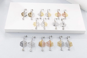 Détail de boucles d'oreilles géométriques ajourées avec strass en or, argent et or rose