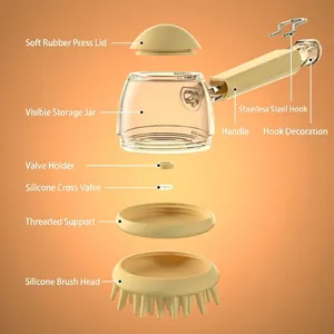 Exploded view of a silicone pet bath brush with soap dispenser and soft massage bristles