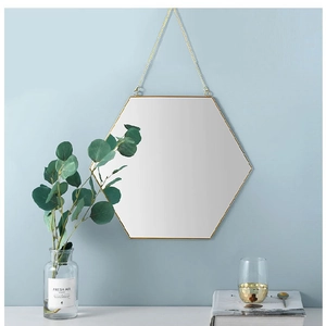 Nordic geometric hexagonal gold brass wall mirror with hanging chain for bathroom decor
