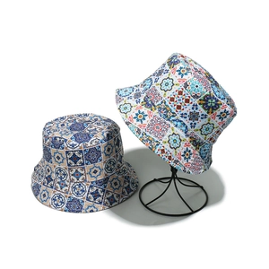 Bohemian Bucket Hat Polyester Vintage Tile Print Sun Protection Packable Travel Fisherman Cap For Women