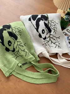 Cute panda knit tote bag in green and cream, artistic woven shoulder bag for women