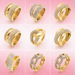 Wide Band Ring For Women Gold Plated Stainless Steel Cubic Zirconia Pave Crossover Geometric Fashion Jewelry