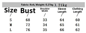 Size chart for women knit top detailing fabric weight and S-L dimensions