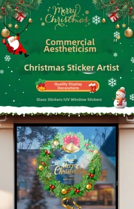 Close-up of UV-printed Christmas wreath window sticker with Merry Christmas bells