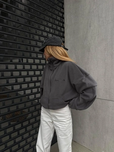 Oversized dark gray fleece zip-up jacket with Java Studio embroidery and stand collar