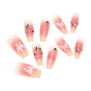 Französische Cat-Eye-Nägel zum Aufkleben mit rosa Farbverlauf, Schmetterlingen und Strass