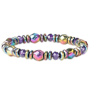 Macro detail of elastic yoga bracelet with iridescent metallic and purple faceted beads