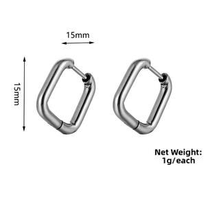 Macro detail of silver U-shaped earrings showing 15mm dimensions and 1g weight