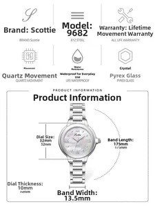Schéma technique de montre pour femme montrant les dimensions et le bracelet en acier