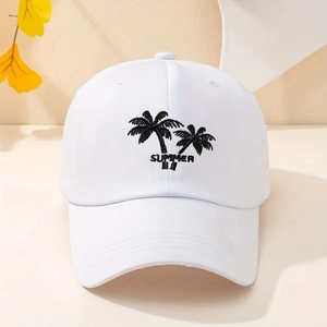 White cotton baseball cap with summer coconut tree embroidery and vintage washed style