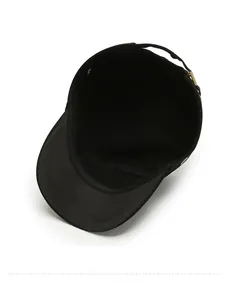 Detail view of cotton cadet cap interior with sweatband and adjustable metal buckle