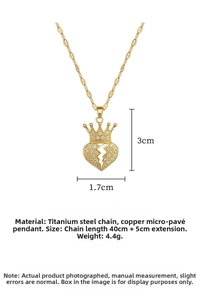 Detail of gold crown heart pendant with dimensions showing length 3cm and width 1.7cm