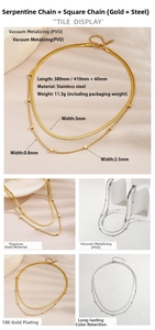 Detail of PVD plated stainless steel double layer snake chain and square bead necklace